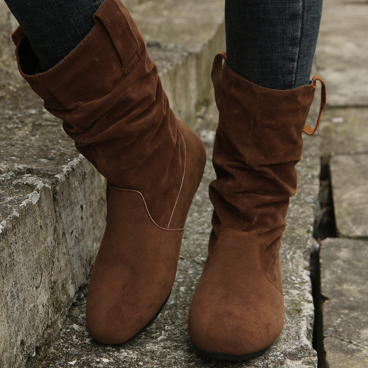 Round Toe Flat Boots Fashion Solid Color Suede Mid-calf Boot Winter Warm Shoes For Women LadyShow.Store
