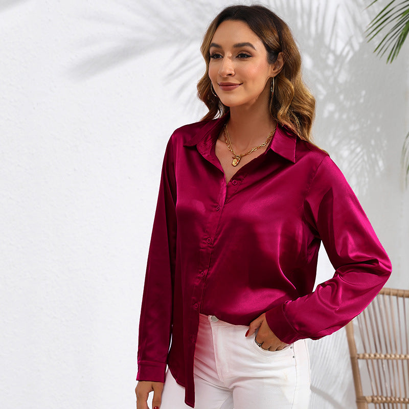Women's Solid Color Satin Satin Long Sleeve Blouse NorixaFashion.com