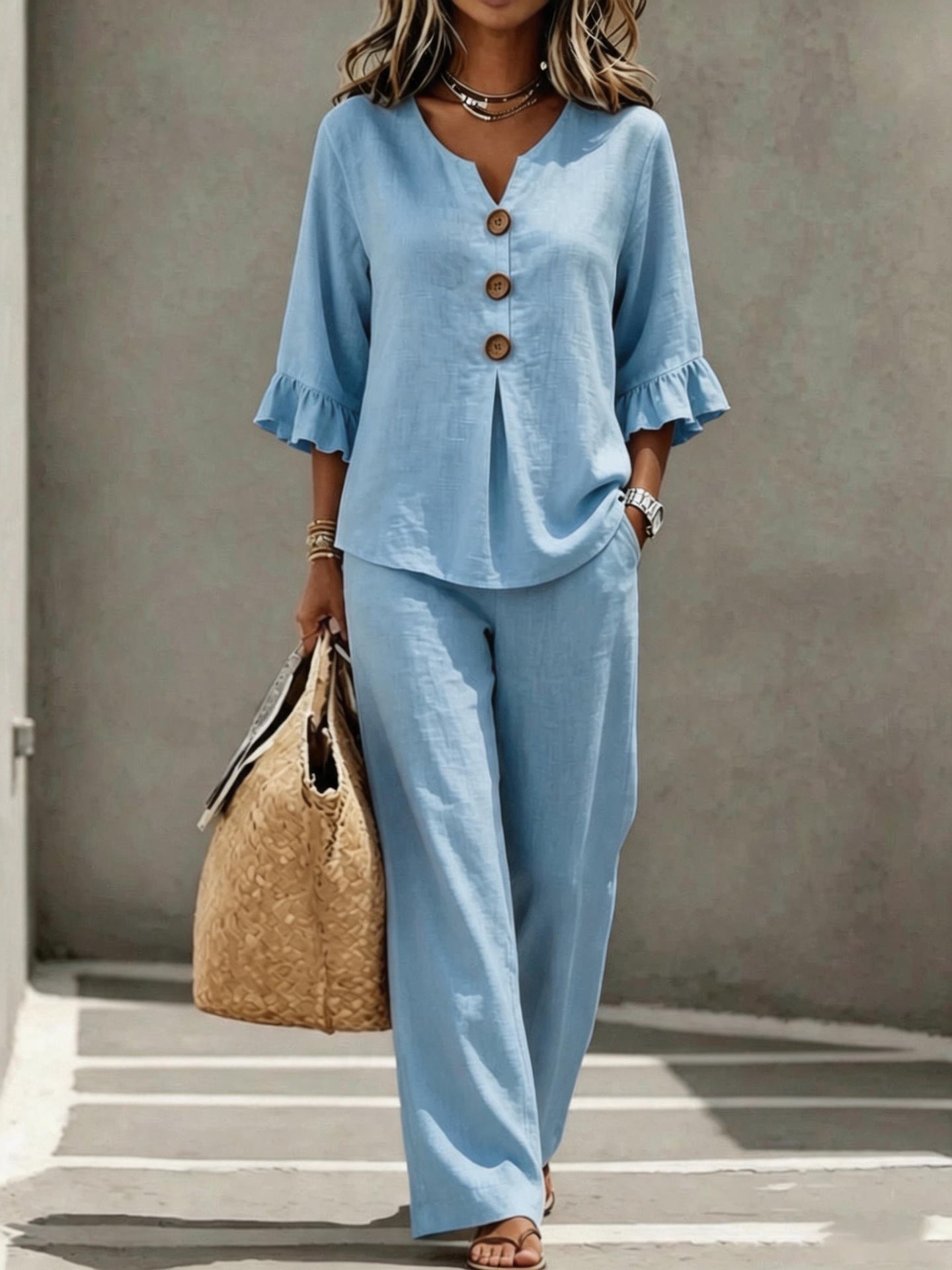 Womens V-neck Ruffle Three-Quarter Sleeve Top And Pants Two-Piece Set NorixaFashion.com