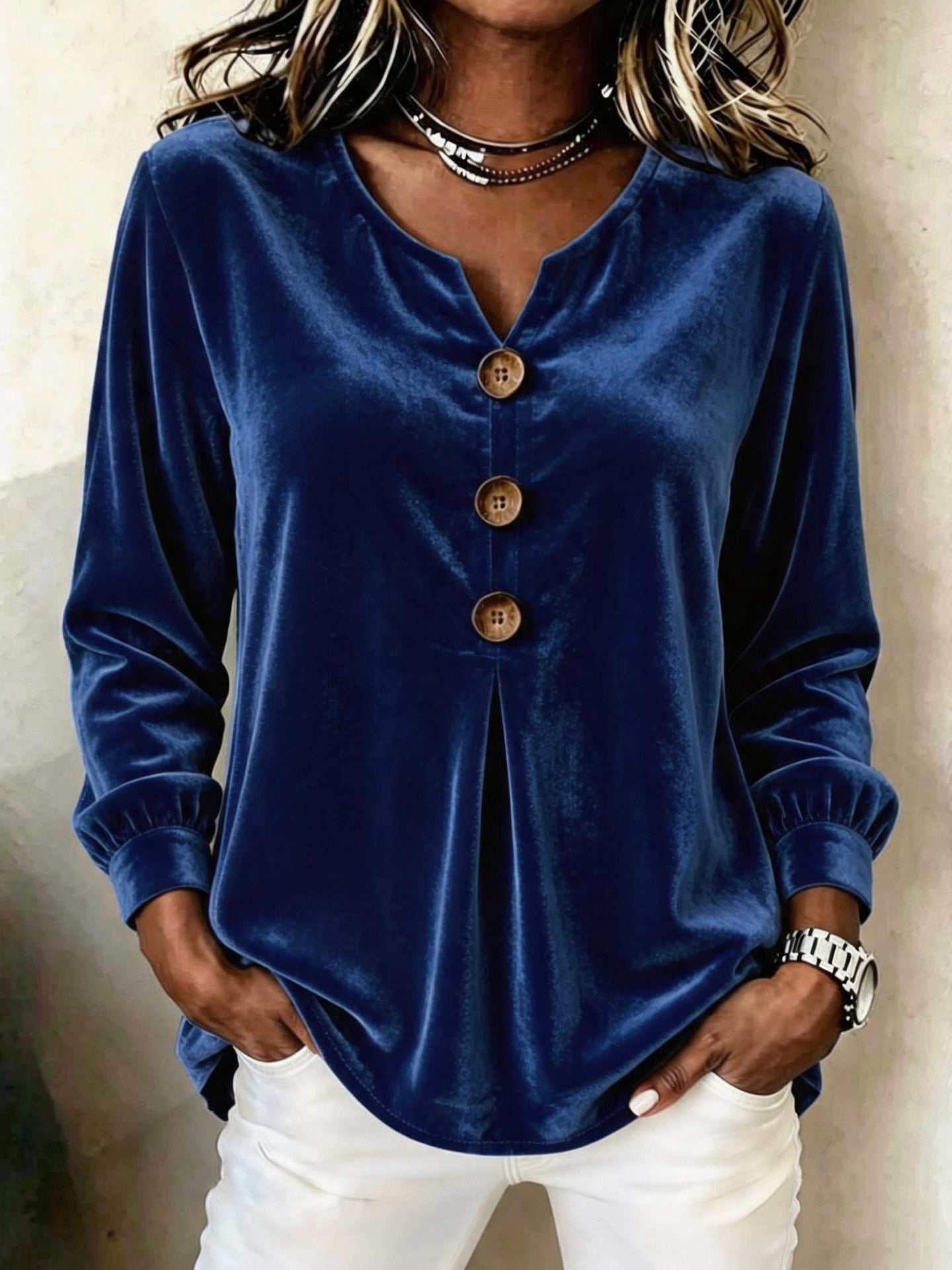 Elegant V-neck Buttoned Long-sleeve Velvet Blouse For Women NorixaFashion.com