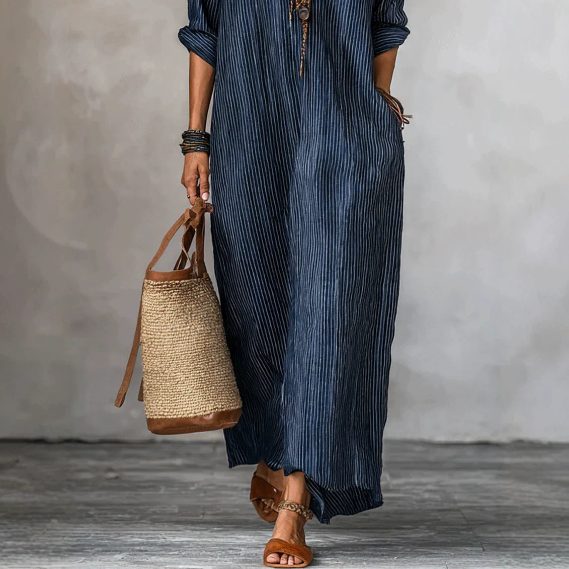 Fashionable V-neck Striped Loose-fit Dress NorixaFashion.com