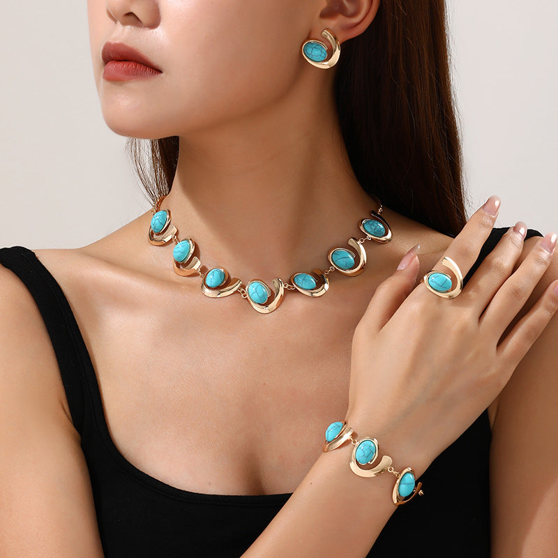Inlaid Turquoise Spiral Earrings Necklace Bracelet Ring Set LadyShow.Store