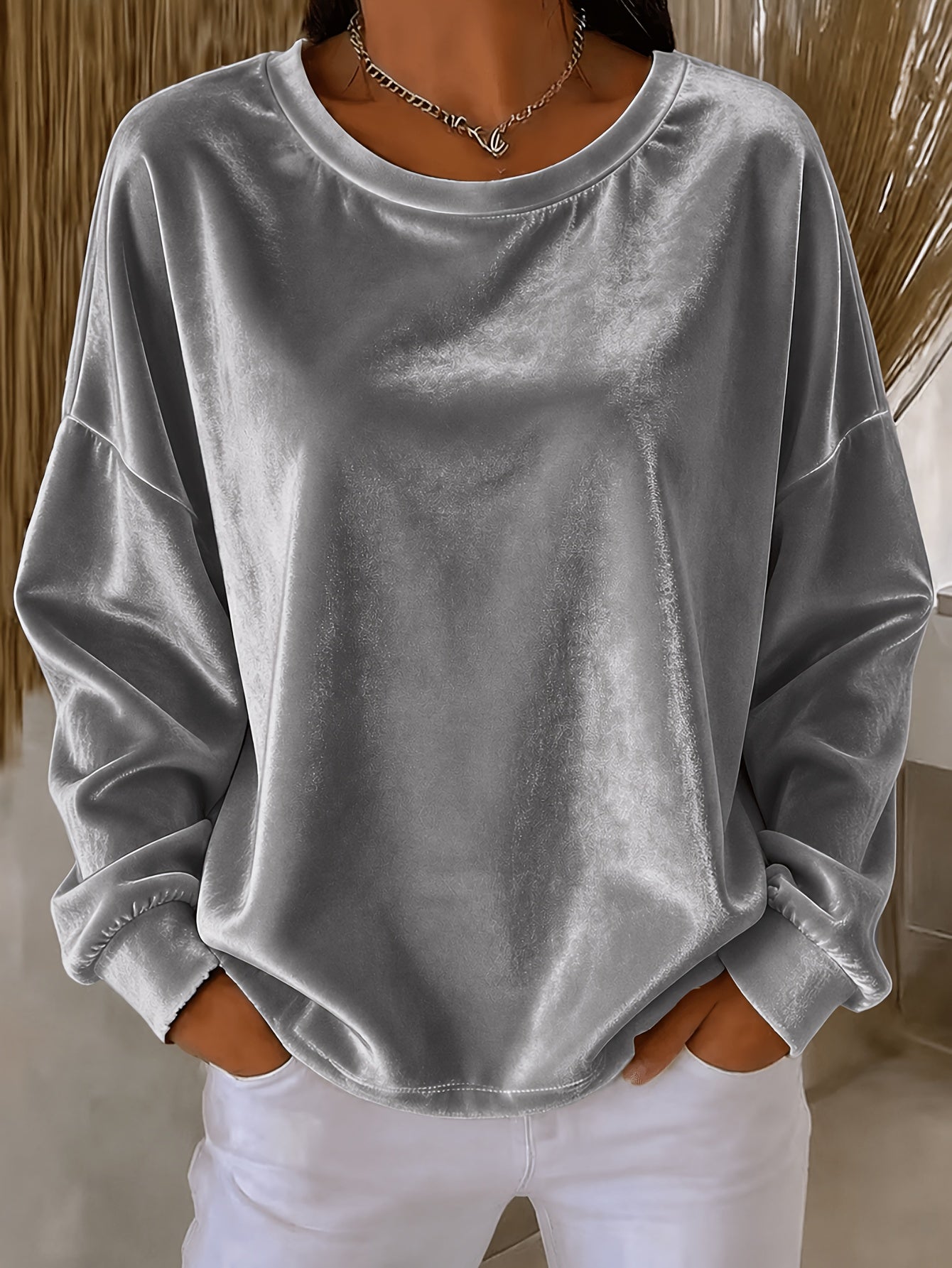 Casual Round-neck Velvet Solid-color Long-sleeve Shirt NorixaFashion.com