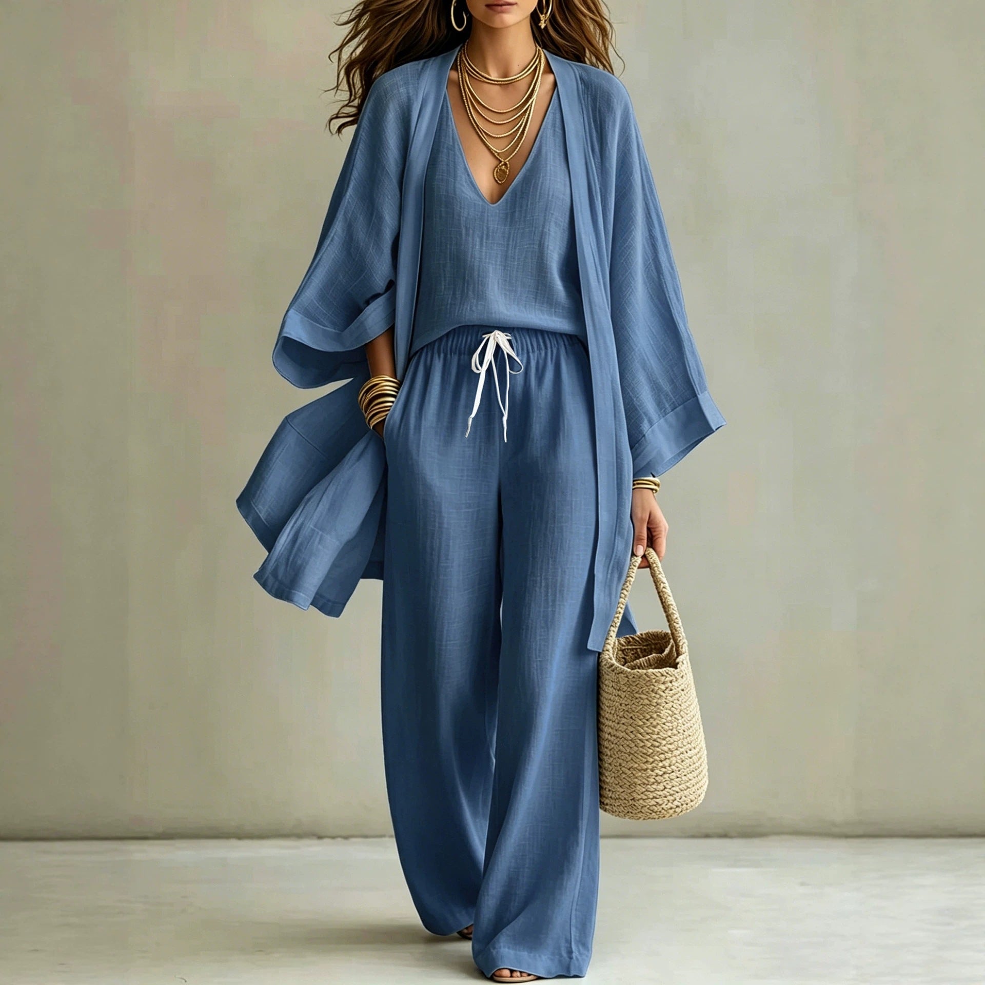 Womens Casual Three-piece Set Nine-quarter-sleeve Cardigan Sleeveless Vest And Long Pants NorixaFashion.com