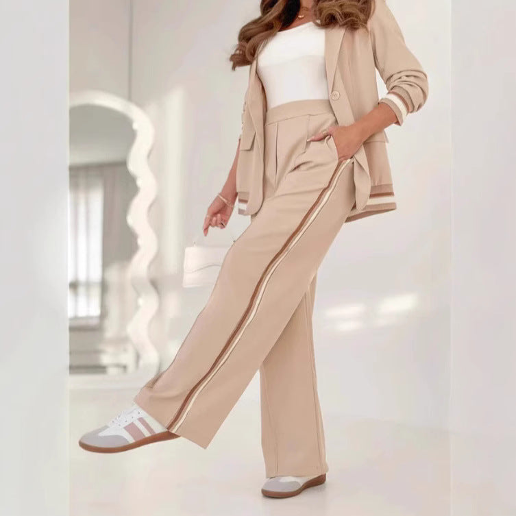 2 Pcs Set Women Suit Coat Pants Suit Lapel Long Sleeves Lady Jacket Wide Leg High Waist Trousers Female Commuting Office Outfit NorixaFashion.com