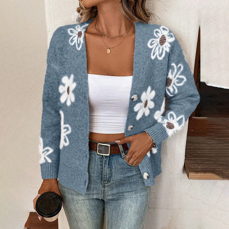 Flowers Print Button Front Cardigan NorixaFashion.com