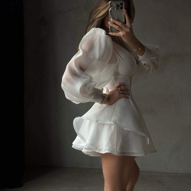 White Corset Puff Sleeve Mini Dress NorixaFashion.com