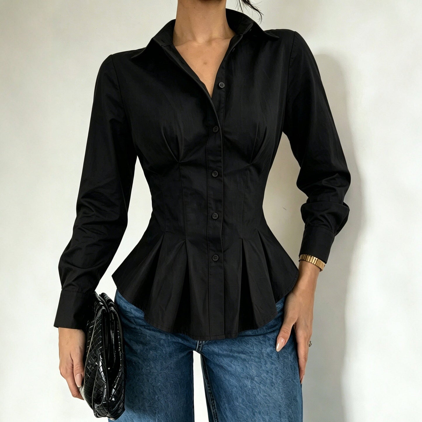 Fitted-waist Long-sleeve Shirt With Pleated Waist Detailing NorixaFashion.com