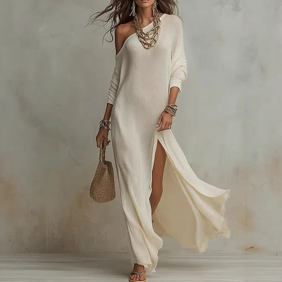 Elegant Long-Sleeve Knitted Split Dress For Women NorixaFashion.com