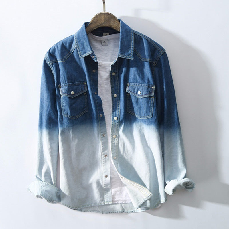Men's Gradient Color Denim Shirt Jacket with Pockets Pi-Mart