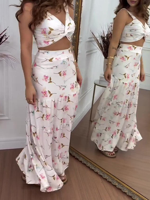 Floral Print Twist Crop Top & Ruffle Skirt Set NorixaFashion.com