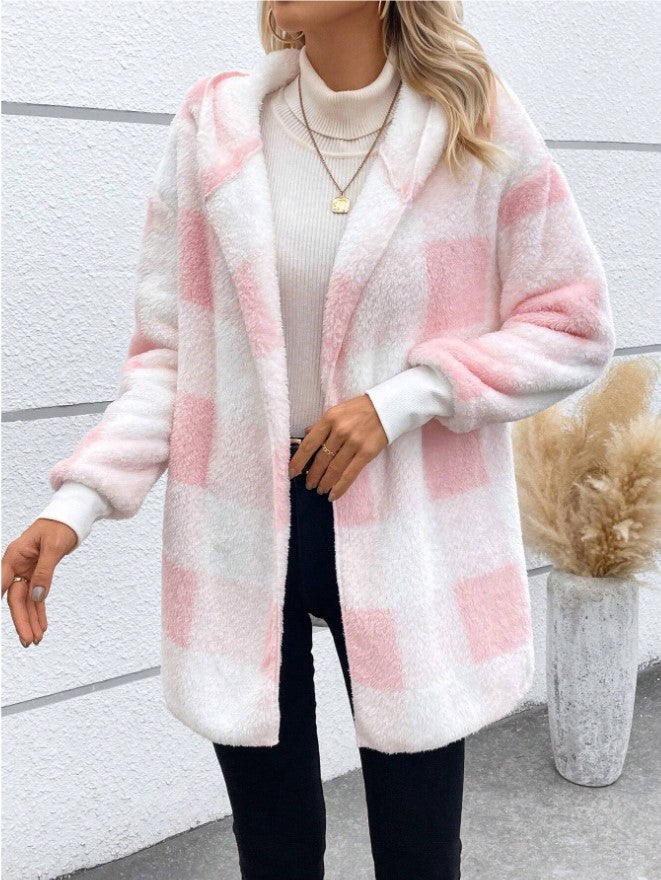 Coat Loose Plaid Color Stitching Knitted Cardigan Sweater NorixaFashion.com
