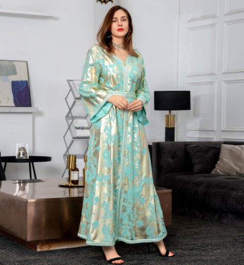 Muslim Bronzing Robe Women's Two Piece Belted Dress LadyShow.Store