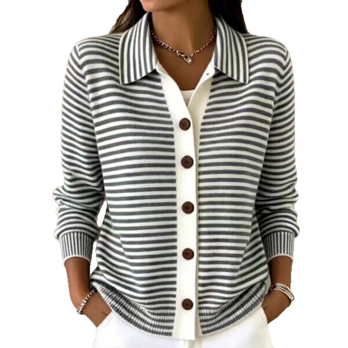 Button-down Knitted Striped Sweater Cardigan Coat NorixaFashion.com