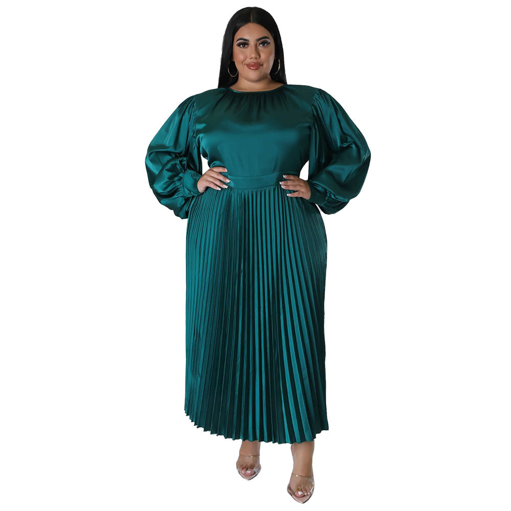 Pleated Round-neck Long Dress Women NorixaFashion.com