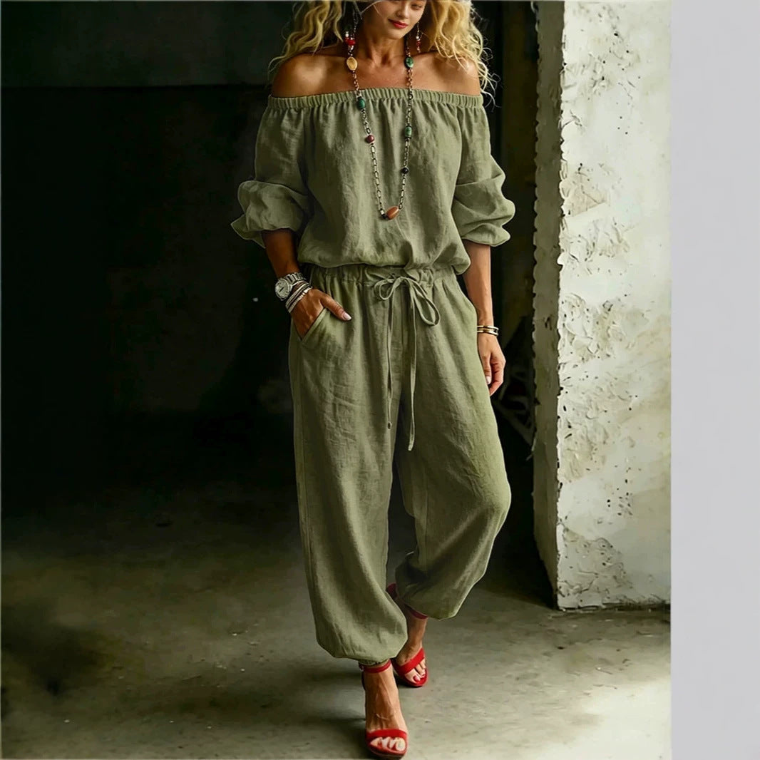 One-shoulder Top And Casual Drawstring Jogger Pants Jumpsuit Set NorixaFashion.com
