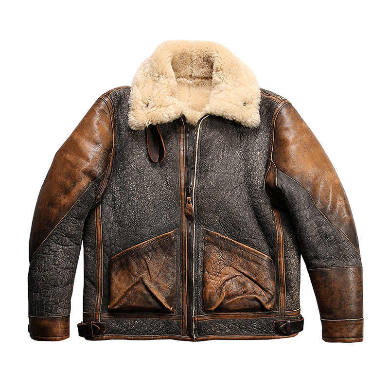 Men's Color Matching Sheepskin Leather Lapel Coat LadyShow.Store