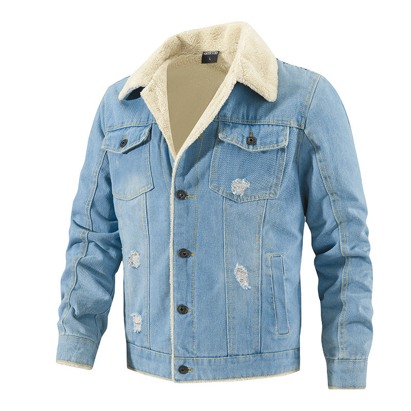 2026 Cross-Border Autumn And Winter Men's Long-Sleeve Fleece-Lined Thickened Denim Jacket With Turn-Down Collar, Large Size, Casual Versatile Fashion Urban Style NorixaFashion.com