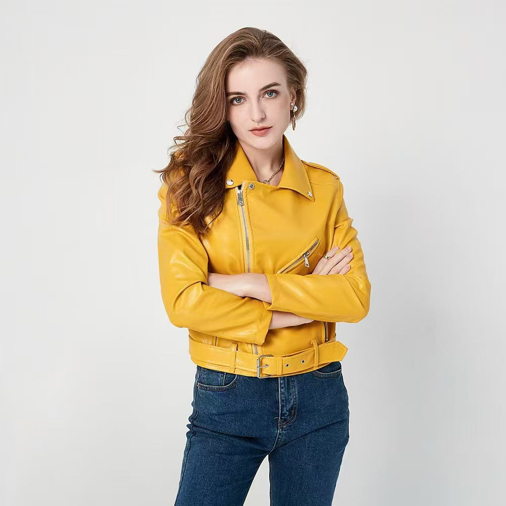 Women's Fashion Diagonal Zipper Slim Fit Washed Motorcycle Jacket LadyShow.Store
