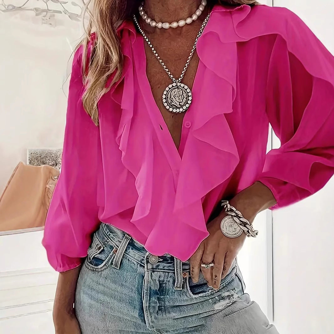 Ruffled-trim Shirt V-neck Long-sleeve Top Daily Commute Women's Clothing NorixaFashion.com
