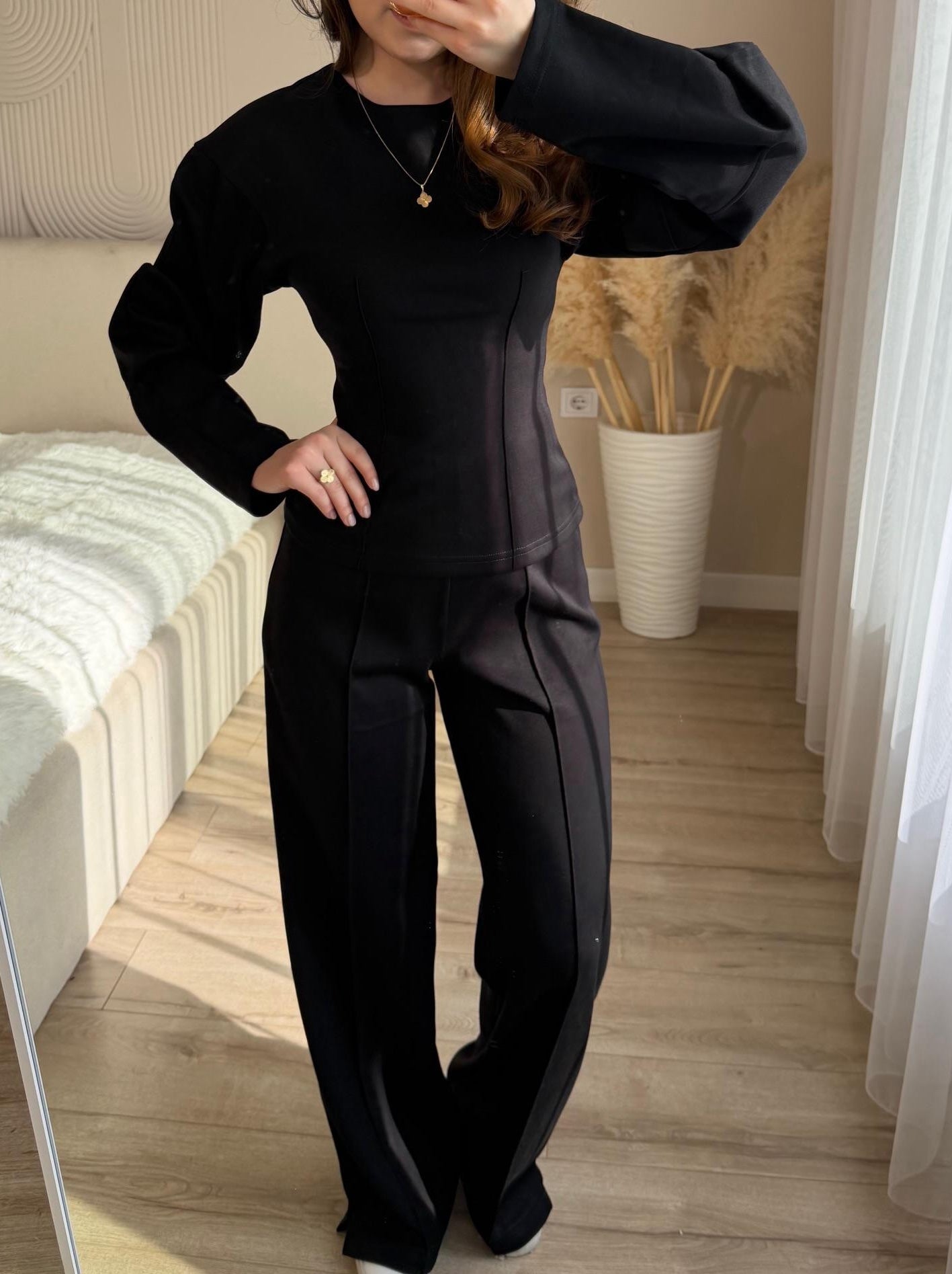 Fashionable Long-sleeved O-neck Pleated Top And Wide-leg Pants Set NorixaFashion.com