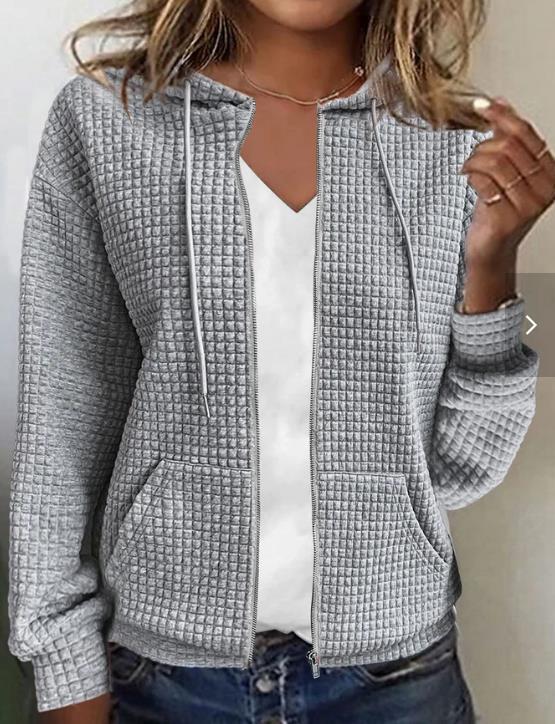 Womens Solid Color Hooded Zip Up Loose Long Sleeve Jacquard Sweatshirt NorixaFashion.com