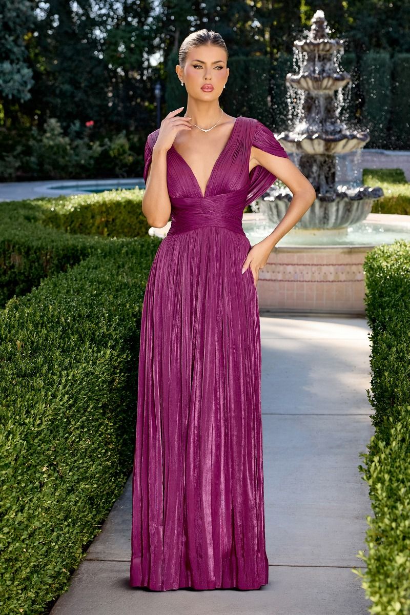 A-Line Dress In Shimmering Pleated Chiffon, Soft Draped Bodice With Deep V-Neck LuxuryLifeWay Online Store