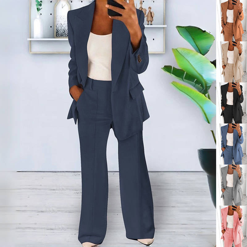 Ins Button Casual Suit Fashion Long-sleeved Lapel Blazer Jacket And Slim-fit Pocket Trousers For Women Clothing NorixaFashion.com