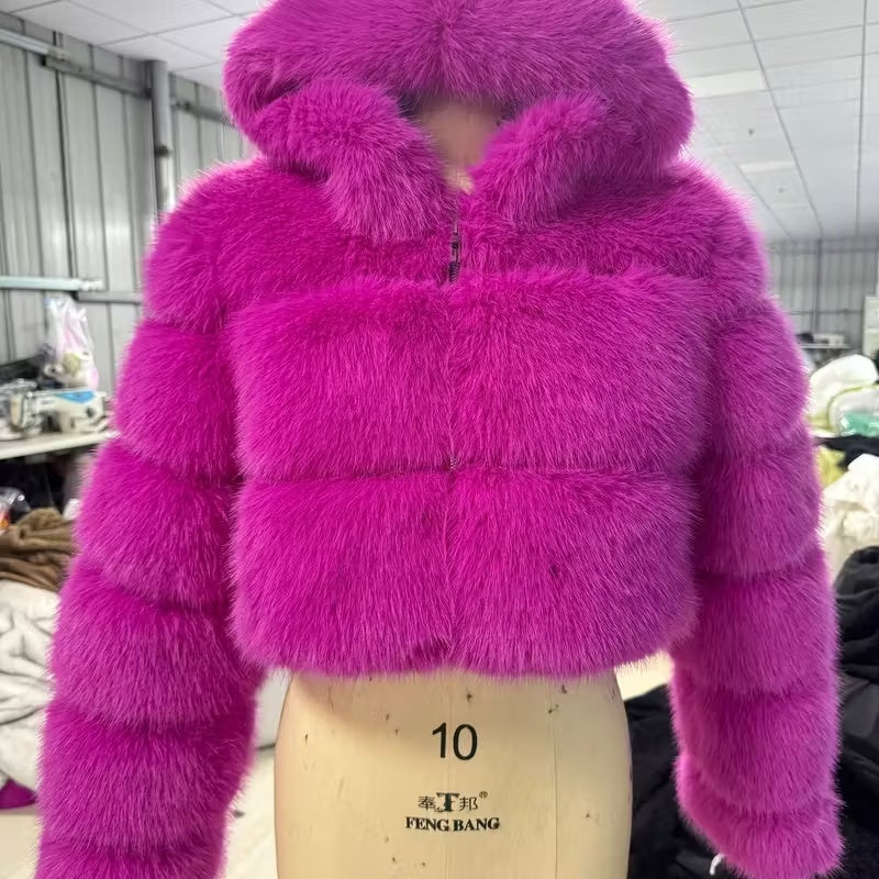 Short Hooded Faux Fur Long Sleeve Coat NorixaFashion.com