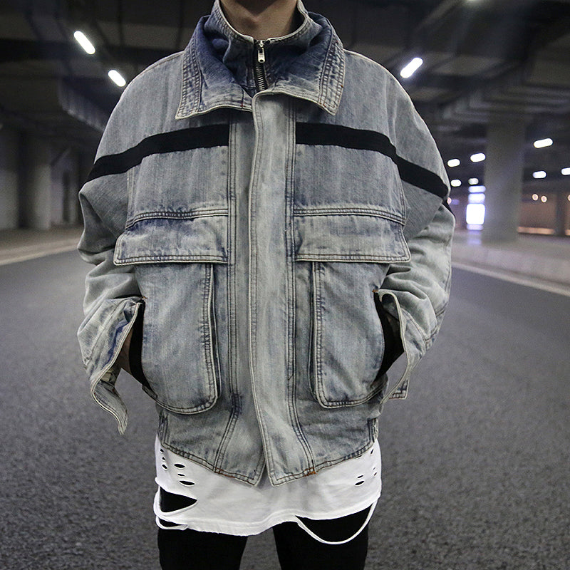 Vintage Wash Denim Jacket with Layered Collar for Men Pi-Mart