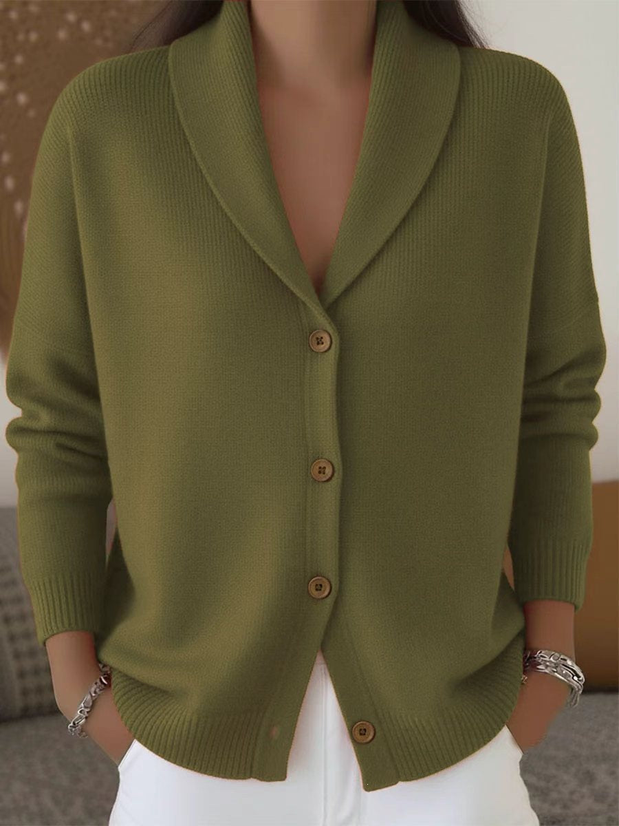 Womens Knitted Cardigan Loose-Fit Lazy Style Soft And Cozy Notch Lapel Solid Color Long-Sleeve Sweater NorixaFashion.com