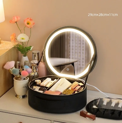 Round Smart LED Makeup Bag With Mirror Lights Women Beauty Bag Large Capacity PU Leather Travel Organizers Cosmetic Case LadyShow.Store