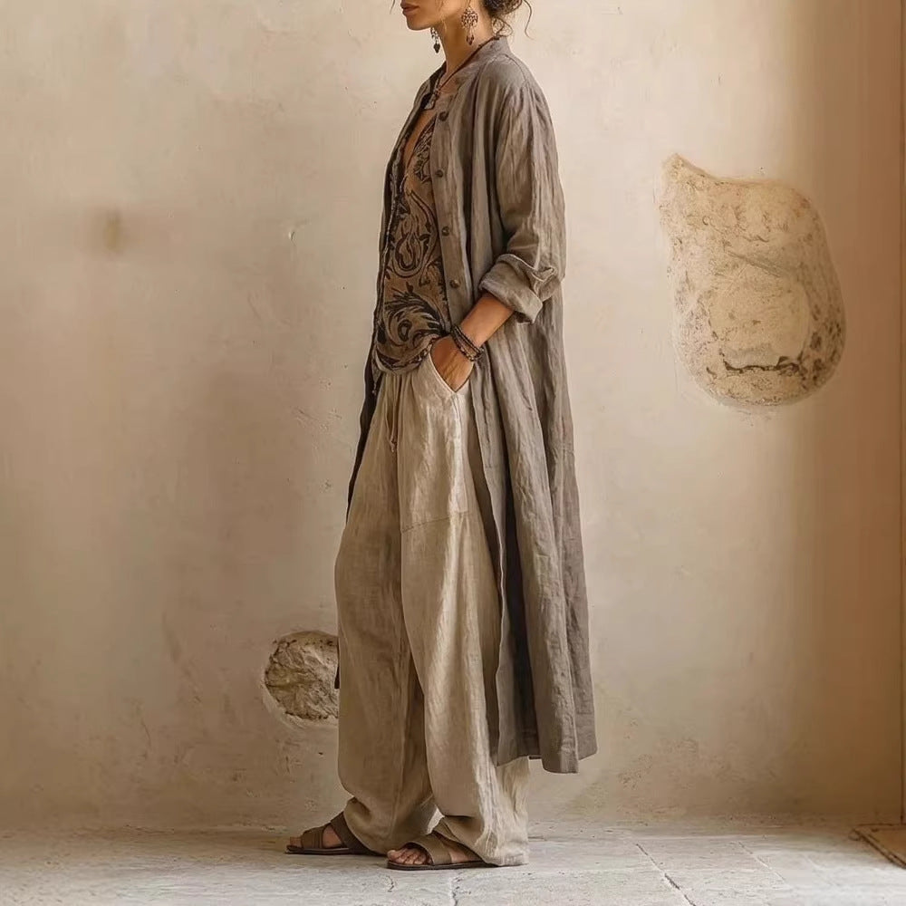 Womens Simple Loose-Fit Printed Shirt And Wide-Leg Pants 3-Piece Set NorixaFashion.com