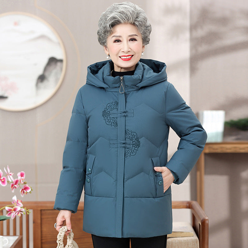 Middle-aged And Elderly Women's Dress White Duck Down Loose Warm Hooded Jacket Best YouTube Store