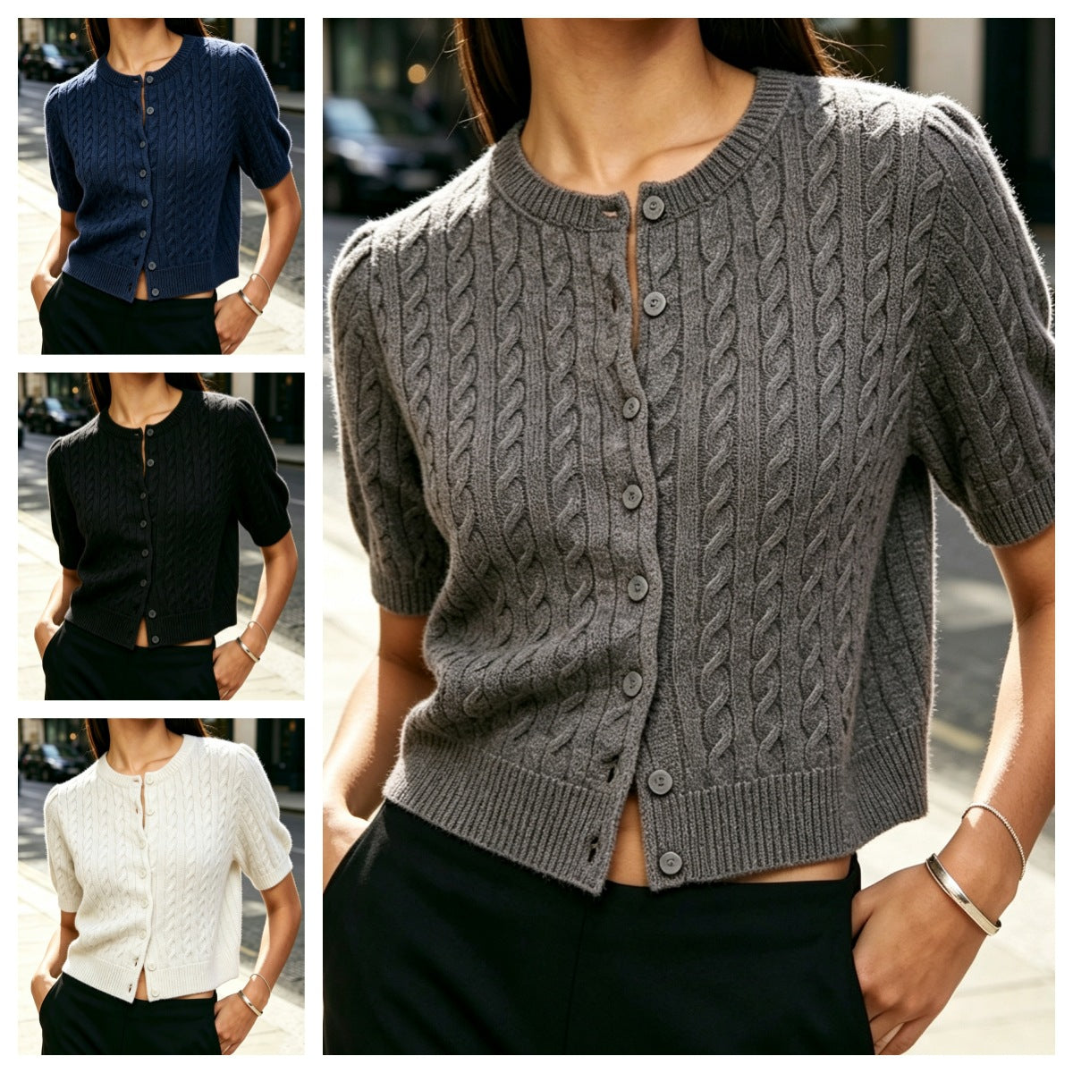 2026 Amazon Fall Wool Short Sleeve Knit Cardigan Solid Color Round Neck Medium Sleeve Cable Knit Button-Up Sweater Women's Jacket NorixaFashion.com
