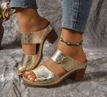 Chunky Heel Sandals Summer Round Toe Plaid Slides Slippers Fashion Outdoor High Heels Shoes For Women CJD