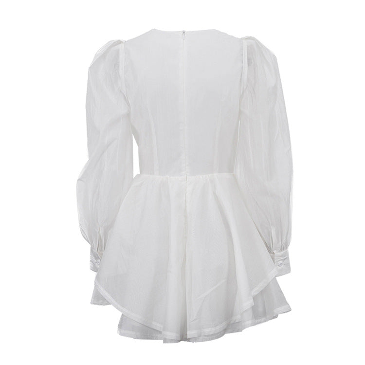 White Corset Puff Sleeve Mini Dress NorixaFashion.com