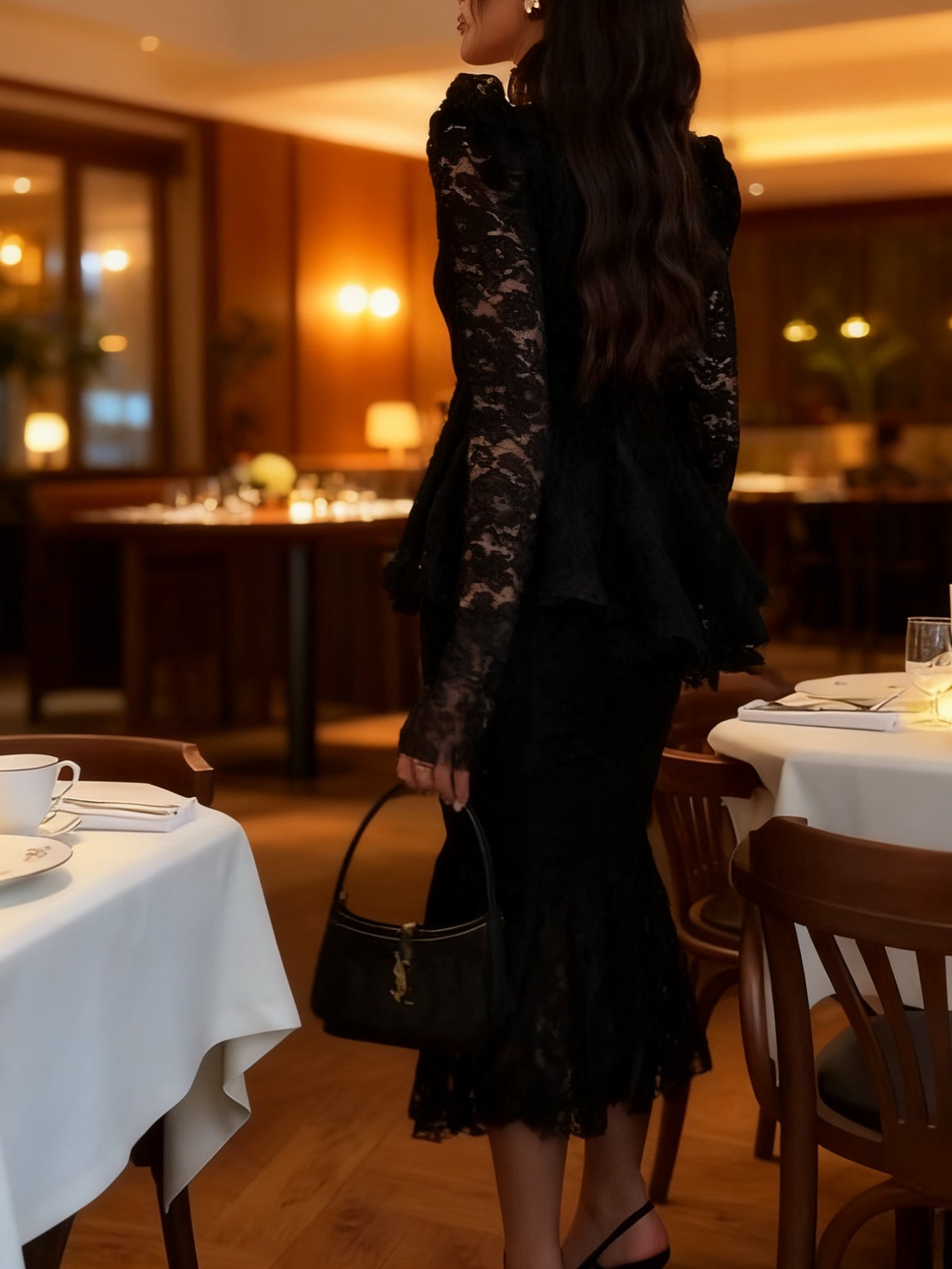 Glamorous Black Lace Peplum Top & Midi Skirt Set NorixaFashion.com