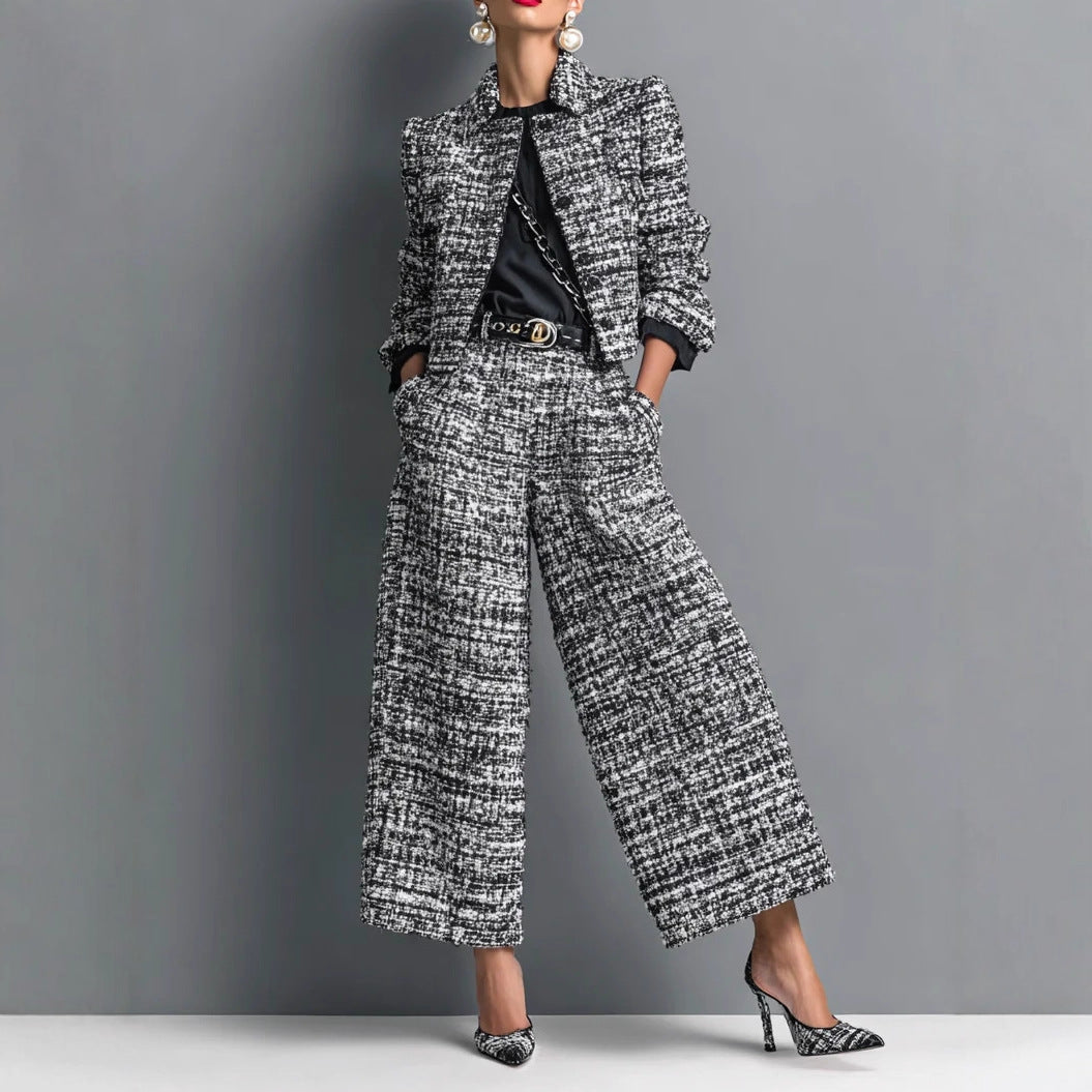 Notched Lapel Slim-fit Women's Long-sleeve Short Top With Wide-leg Pants Set NorixaFashion.com