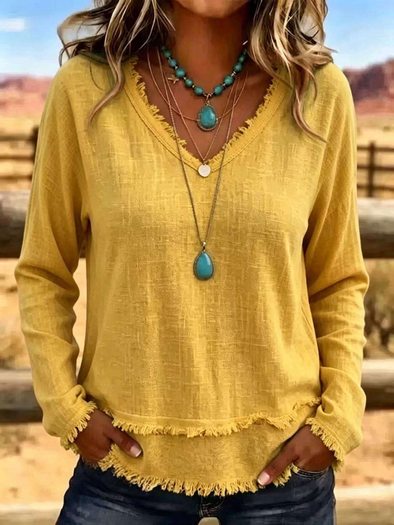 V-Neck Long Sleeve T-Shirt With Tassel Women's Loose Fit Casual Top For Daily Wear Clothing NorixaFashion.com
