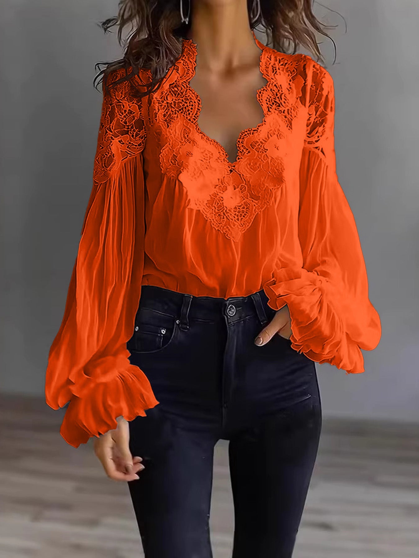 Lace-panelled Ruffled Puff-sleeve Pleated Shirt NorixaFashion.com