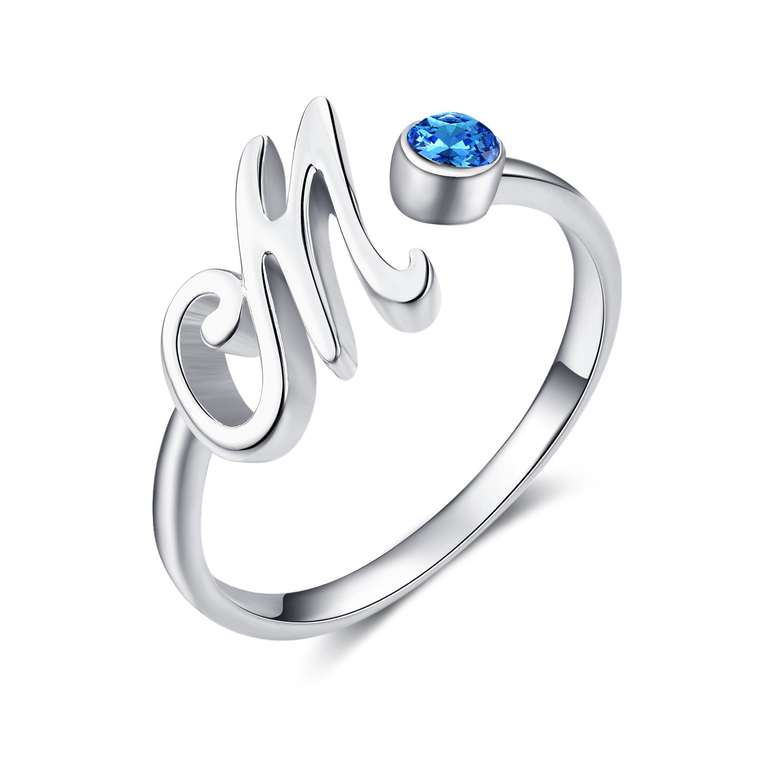 Blue Crystal Letter M Initial Alphabet Ring in 925 Sterling Silver LadyShow.Store