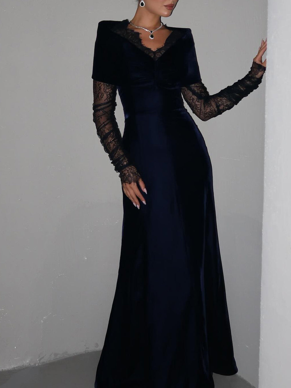 Navy Blue Velvet Lace Long-Sleeve Gown NorixaFashion.com