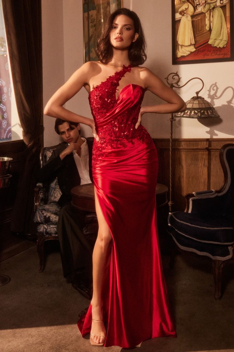 One Shoulder Satin Dress With Lace Applique LuxuryLifeWay Online Store