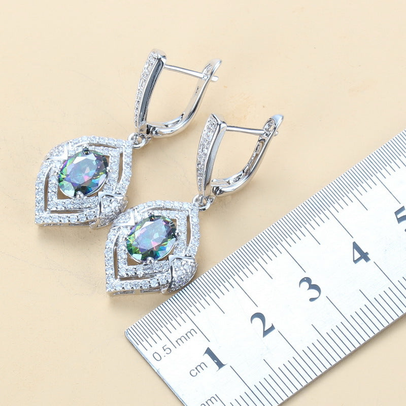 Inlaid Gemstone Pendant Earrings Necklace And Ring For Women 4 PCs Set LadyShow.Store