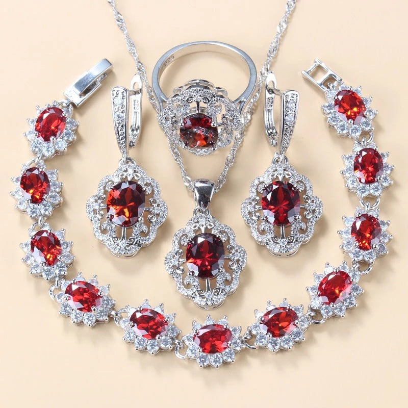 Garnet Cubic Zirconia Earrings Pendant Necklace Bracelet Ring Gift 4 PCs Set LadyShow.Store
