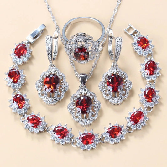Garnet Cubic Zirconia Earrings Pendant Necklace Bracelet Ring Gift 4 PCs Set LadyShow.Store