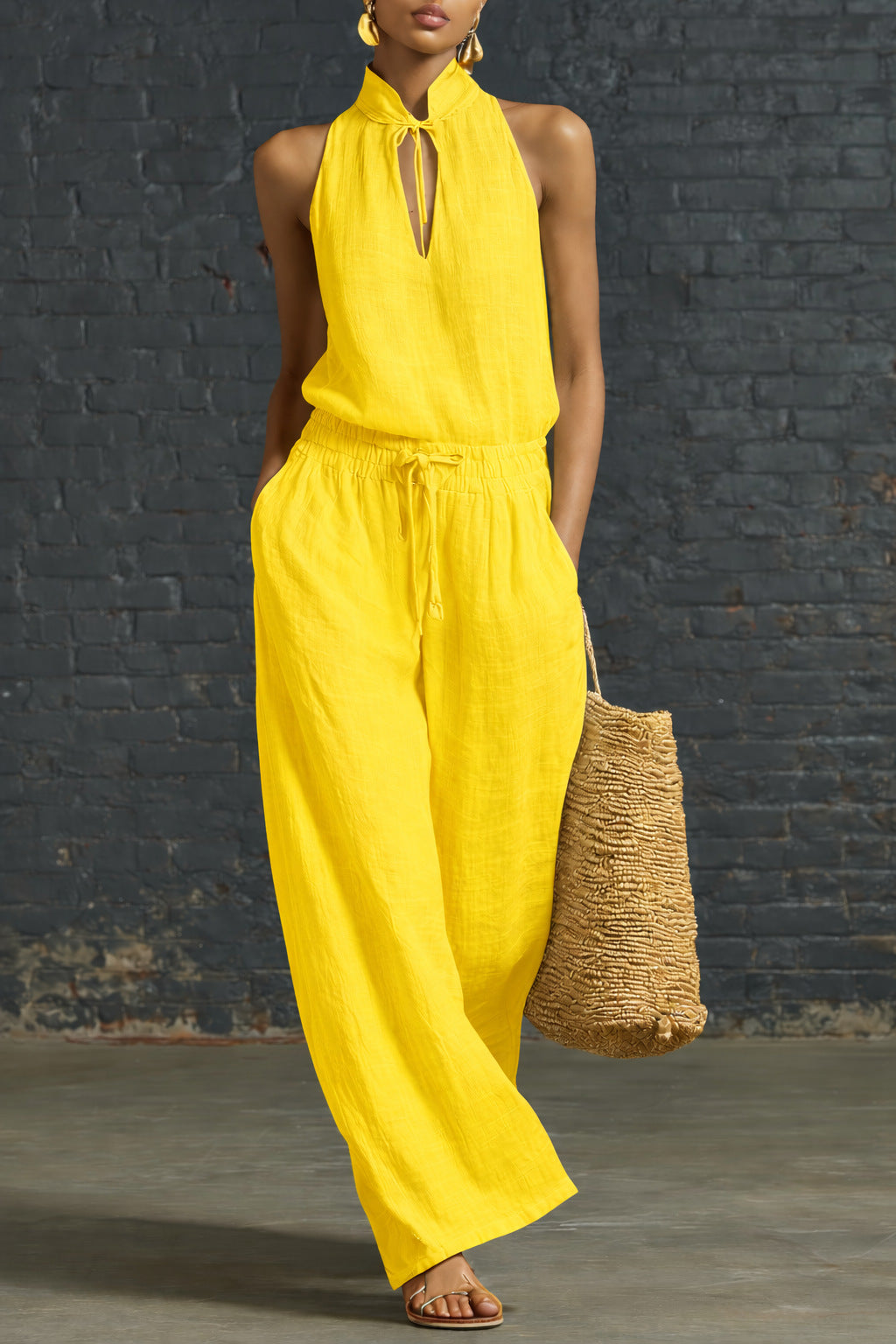 Urban-style Cotton And Linen Top And Wide-leg Pants Set NorixaFashion.com