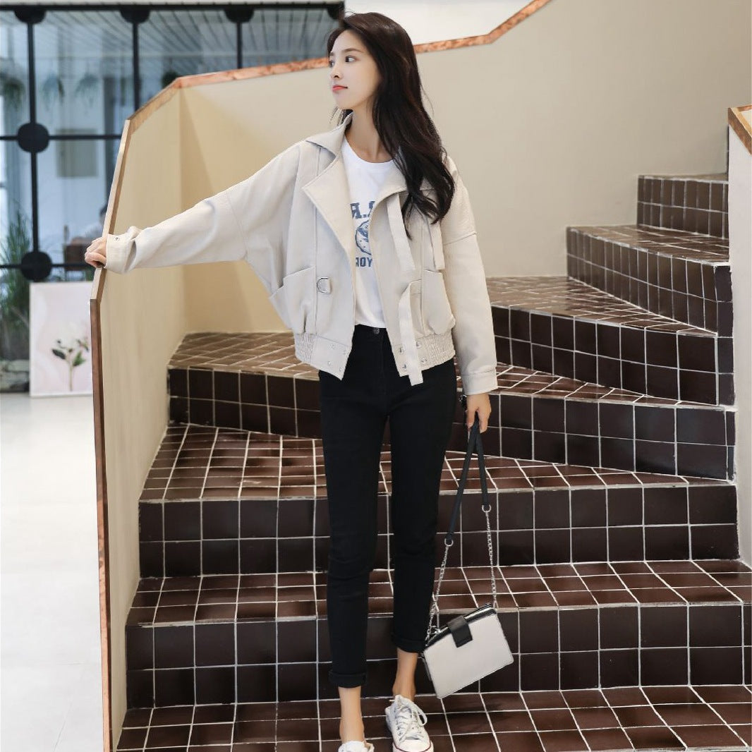 Leather Clothing All-match Beige Loose Motorcycle Jacket Best YouTube Store