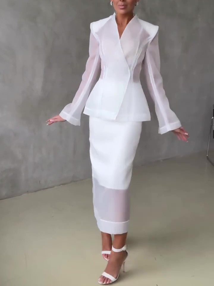 White Organza Tailored Blazer & Sheer Midi Skirt 2-Piece Set NorixaFashion.com